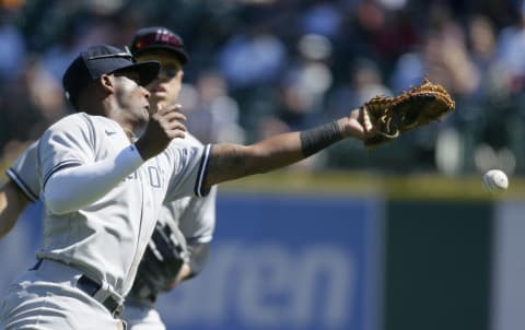 DETROIT, MI – MAY 30: First baseman Miguel Andujar #41 of the New York Yankees can’t catch a foul ball hit down the right field line by Jonathan Schoop of the Detroit Tigers as right fielder Aaron Judge #99 closes in during the eighth inning at Comerica Park on May 30, 2021, in Detroit, Michigan. The Tigers defeated the Yankees 6-2. (Photo by Duane Burleson/Getty Images)