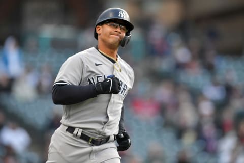 CLEVELAND, OHIO – APRIL 23: Gleyber Torres #25 of the New York Yankees reacts after flying out to end the top of the first inning against the Cleveland Indians at Progressive Field on April 23, 2021 in Cleveland, Ohio. (Photo by Jason Miller/Getty Images)