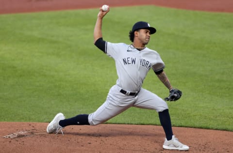 BALTIMORE, MARYLAND - APRIL 26: Starting pitcher Deivi Garcia #83 of the New York Yankees (Photo by Patrick Smith/Getty Images)