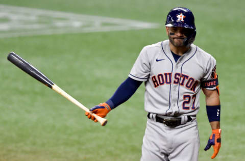 ST PETERSBURG, FLORIDA - APRIL 30: Jose Altuve #27 of the Houston Astros reacts during the eighth inning against the Tampa Bay Rays at Tropicana Field on April 30, 2021 in St Petersburg, Florida. (Photo by Douglas P. DeFelice/Getty Images)