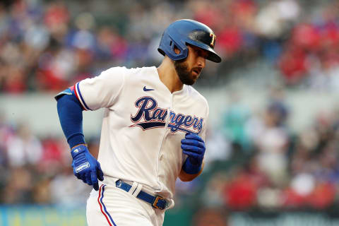 ARLINGTON, TEXAS – MAY 08: Joey Gallo #13 of the Texas Rangers runs the bases after a solo home run against the Seattle Mariners in the second inning at Globe Life Field on May 08, 2021 in Arlington, Texas. (Photo by Richard Rodriguez/Getty Images)