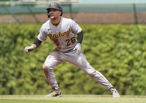 CHICAGO, ILLINOIS – MAY 08: Adam Frazier #26 of the Pittsburgh Pirates stands at second base during the first inning of a game against the Chicago Cubs at Wrigley Field on May 08, 2021 in Chicago, Illinois. (Photo by Nuccio DiNuzzo/Getty Images)