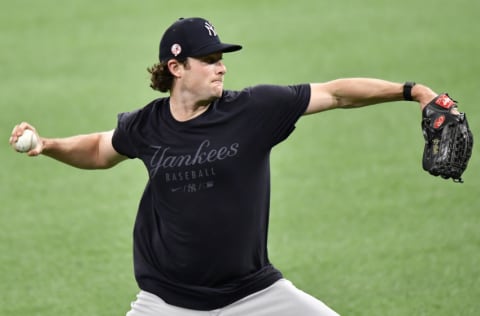 ST PETERSBURG, FLORIDA - MAY 11: Gerrit Cole #45 of the New York Yankees warms up prior to the game against the Tampa Bay Rays at Tropicana Field on May 11, 2021 in St Petersburg, Florida. (Photo by Douglas P. DeFelice/Getty Images)