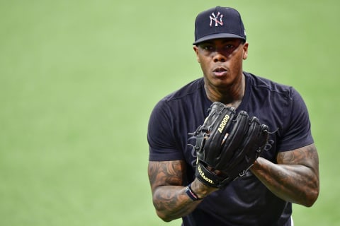 ST PETERSBURG, FLORIDA – MAY 11: Aroldis Chapman #54 of the New York Yankees warms up prior to the game against the Tampa Bay Rays at Tropicana Field on May 11, 2021 in St Petersburg, Florida. (Photo by Douglas P. DeFelice/Getty Images)