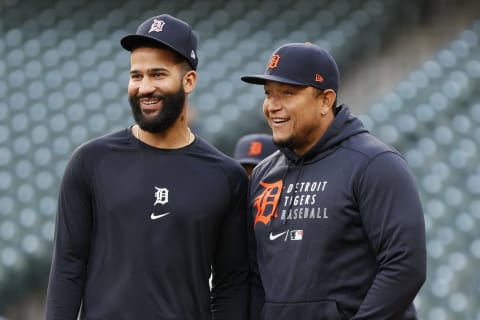 Nomar Mazara #15 and Miguel Cabrera #24 of the Detroit Tigers (Photo by Steph Chambers/Getty Images)