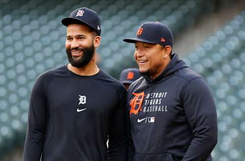 SEATTLE, WASHINGTON - MAY 18: Nomar Mazara #15 and Miguel Cabrera #24 of the Detroit Tigers look on before the game against the Seattle Mariners at T-Mobile Park on May 18, 2021 in Seattle, Washington. (Photo by Steph Chambers/Getty Images)