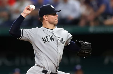 ARLINGTON, TEXAS - MAY 19: Corey Kluber #28 of the New York Yankees after the third out against the Texas Rangers in the seventh inning at Globe Life Field on May 19, 2021 in Arlington, Texas. (Photo by Ronald Martinez/Getty Images)