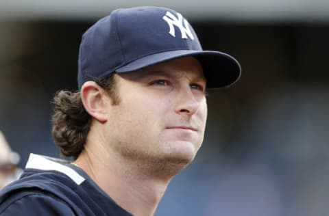 NEW YORK, NEW YORK - MAY 21: (NEW YORK DAILIES OUT) Gerrit Cole #45 of the New York Yankees looks on against the Chicago White Sox at Yankee Stadium on May 21, 2021 in New York City. The Yankees defeated the White Sox 2-1. (Photo by Jim McIsaac/Getty Images)