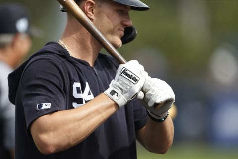 PORT CHARLOTTE, FLORIDA – FEBRUARY 24: A detail of Trey Amburgey #94 of the New York Yankees’ Franklin batting gloves during batting practice prior to the Grapefruit League spring training game against the Tampa Bay Rays at Charlotte Sports Park on February 24, 2019 in Port Charlotte, Florida. (Photo by Michael Reaves/Getty Images)