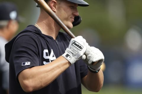 PORT CHARLOTTE, FLORIDA - FEBRUARY 24: A detail of Trey Amburgey #94 of the New York Yankees' Franklin batting gloves during batting practice prior to the Grapefruit League spring training game against the Tampa Bay Rays at Charlotte Sports Park on February 24, 2019 in Port Charlotte, Florida. (Photo by Michael Reaves/Getty Images)