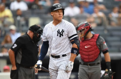 NEW YORK, NEW YORK - JULY 31: Aaron Judge #99 of the New York Yankees reacts after striking out during the third inning of the game against the Arizona Diamondbacks at Yankee Stadium on July 31, 2019 in the Bronx borough of New York City. (Photo by Sarah Stier/Getty Images)