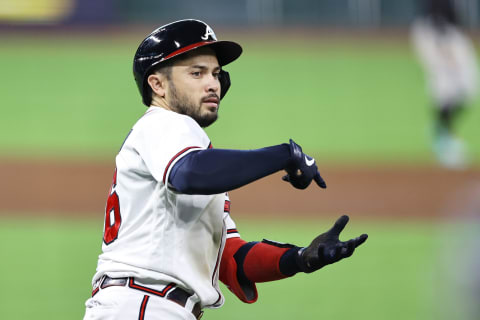 Travis d’Arnaud #16 of the Atlanta Braves (Photo by Elsa/Getty Images)