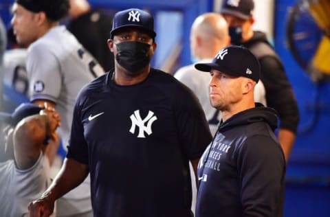 DUNEDIN, FLORIDA - APRIL 12: Marcus Thames #72 and Brett Gardner #11 of the New York Yankees (Photo by Julio Aguilar/Getty Images)