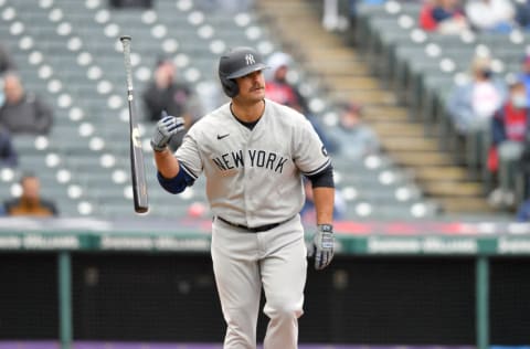 CLEVELAND, OHIO - APRIL 25: Mike Ford #36 of the New York Yankees flips his bat after hitting a solo homer during the fourth inning against the Cleveland Indians at Progressive Field on April 25, 2021 in Cleveland, Ohio. (Photo by Jason Miller/Getty Images)