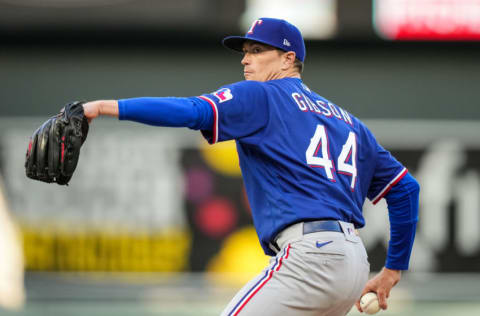 MINNEAPOLIS, MN - MAY 04: Kyle Gibson #44 of the Texas Rangers pitches against the Minnesota Twins on May 4, 2021 at Target Field in Minneapolis, Minnesota. (Photo by Brace Hemmelgarn/Minnesota Twins/Getty Images)