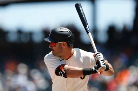 SAN FRANCISCO, CALIFORNIA - MAY 23: Mike Tauchman #29 of the San Francisco Giants at bat against the Los Angeles Dodgers at Oracle Park on May 23, 2021 in San Francisco, California. (Photo by Lachlan Cunningham/Getty Images)