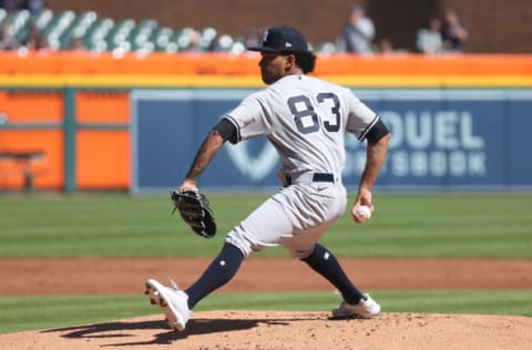 DETROIT, MICHIGAN - MAY 29: Deivi García #83 of the New York Yankees throws a first inning pitch against the New York Yankees at Comerica Park on May 29, 2021 in Detroit, Michigan. (Photo by Gregory Shamus/Getty Images)