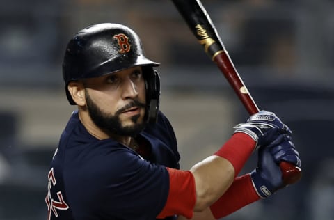 NEW YORK, NY - JUNE 6: Marwin Gonzalez #12 of the Boston Red Sox at bat against the New York Yankees during the ninth inning at Yankee Stadium on June 6, 2021 in the Bronx borough of New York City. (Photo by Adam Hunger/Getty Images)