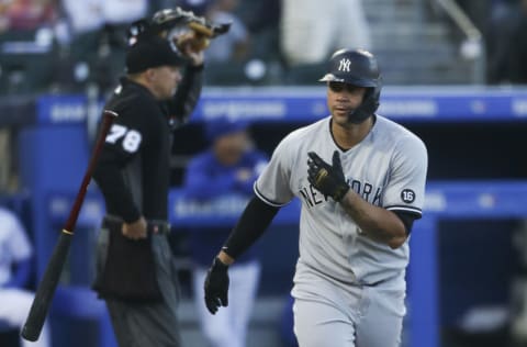 BUFFALO, NEW YORK - JUNE 15: Gary Sanchez #24 of the New York Yankees flips his bat after hitting a home run during the second inning against the Toronto Blue Jays at Sahlen Field on June 15, 2021 in Buffalo, New York. (Photo by Joshua Bessex/Getty Images)