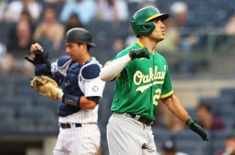 NEW YORK, NEW YORK - JUNE 18: Matt Olson #28 of the Oakland Athletics celebrates after hitting a home run in the first inning against the New York Yankees at Yankee Stadium on June 18, 2021 in New York City. (Photo by Mike Stobe/Getty Images)