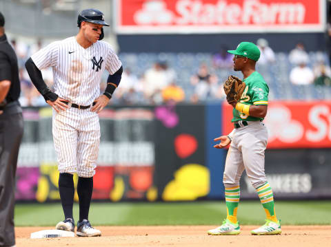 NEW YORK, NY – JUNE 19: Aaron Judge #99 of the New York Yankees and Tony Kemp #5 of the Oakland Athletics in action during a game at Yankee Stadium on June 19, 2021 in New York City. (Photo by Rich Schultz/Getty Images)