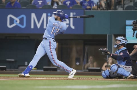 ARLINGTON, TX - JUNE 20: Joey Gallo #13 of the Texas Rangers bats against the Minnesota Twins at Globe Life Field on June 20, 2021 in Arlington, Texas. (Photo by Ron Jenkins/Getty Images)