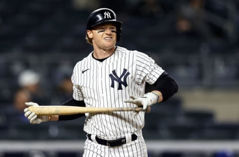 NEW YORK, NEW YORK - JUNE 22: Clint Frazier #77 of the New York Yankees reacts after striking out in the ninth inning against the Kansas City Royals at Yankee Stadium on June 22, 2021 in the Bronx borough of New York City. The Kansas City Royals defeated the New York Yankees 6-5. (Photo by Elsa/Getty Images)