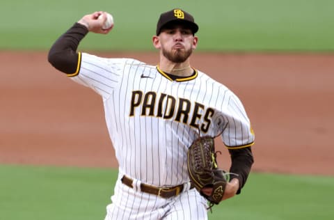 SAN DIEGO, CALIFORNIA - JUNE 23: Joe Musgrove #44 of the San Diego Padres pitches during the first inning of a game against the Los Angeles Dodgers at PETCO Park on June 23, 2021 in San Diego, California. (Photo by Sean M. Haffey/Getty Images)