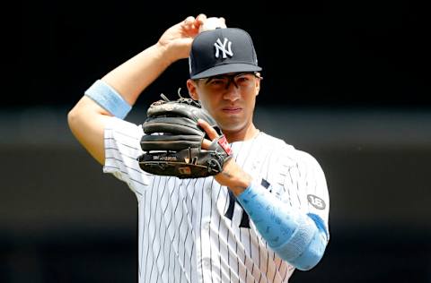 NEW YORK, NEW YORK - JUNE 20: (NEW YORK DAILIES OUT) Gleyber Torres #25 of the New York Yankees in action against the Oakland Athletics at Yankee Stadium on June 20, 2021 in New York City. The Yankees defeated the Athletics 2-1. (Photo by Jim McIsaac/Getty Images)