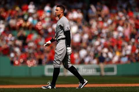 BOSTON, MASSACHUSETTS - JUNE 27: Aaron Judge #99 of the New York Yankees looks on during the seventh inning against the Boston Red Sox at Fenway Park on June 27, 2021 in Boston, Massachusetts. (Photo by Maddie Meyer/Getty Images)