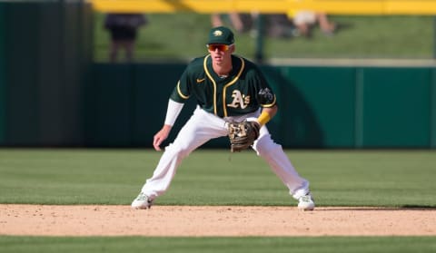 Logan Davidson #66 of the Oakland Athletics (Photo by Michael Zagaris/Oakland Athletics/Getty Images)