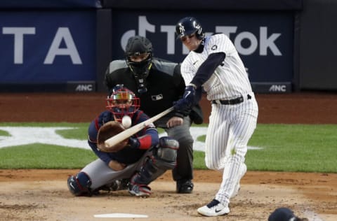 NEW YORK, NEW YORK - APRIL 21: (NEW YORK DAILIES OUT) Clint Frazier #77 of the New York Yankees in action against the Atlanta Braves at Yankee Stadium on April 21, 2021 in New York City. The Braves defeated the Yankees 4-1. (Photo by Jim McIsaac/Getty Images)