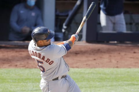 NEW YORK, NEW YORK - MAY 06: Martin Maldonado #15 of the Houston Astros follows through on his ninth inning two run home run against the New York Yankees at Yankee Stadium on May 06, 2021 in New York City. (Photo by Jim McIsaac/Getty Images)