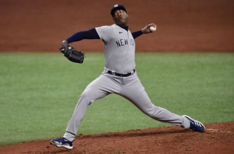 ST PETERSBURG, FLORIDA - MAY 12: Aroldis Chapman #54 of the New York Yankees throws a pitch during the ninth inning against the Tampa Bay Rays at Tropicana Field on May 12, 2021 in St Petersburg, Florida. (Photo by Douglas P. DeFelice/Getty Images)