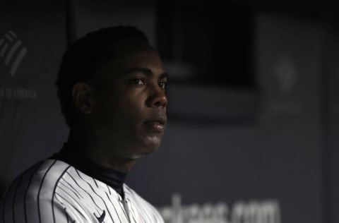 NEW YORK, NY - JUNE 6: Aroldis Chapman #54 of the New York Yankees looks on against the Boston Red Sox during the ninth inning at Yankee Stadium on June 6, 2021 in the Bronx borough of New York City. (Photo by Adam Hunger/Getty Images)