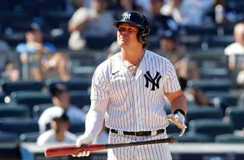 NEW YORK, NEW YORK - JUNE 24: (NEW YORK DAILIES OUT) Luke Voit #59 of the New York Yankees in action against the Kansas City Royals at Yankee Stadium on June 24, 2021 in New York City. The Yankees defeated the Royals 8-1. (Photo by Jim McIsaac/Getty Images)