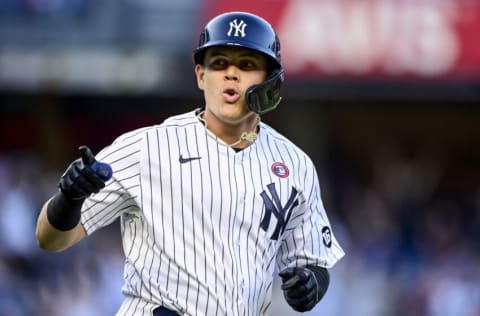 NEW YORK, NEW YORK - JULY 04: Gio Urshela #29 of the New York Yankees points to the dugout after hitting a three-run home run against the New York Mets in the second inning during game two of a doubleheader at Yankee Stadium on July 04, 2021 in the Bronx borough of New York City. (Photo by Steven Ryan/Getty Images)