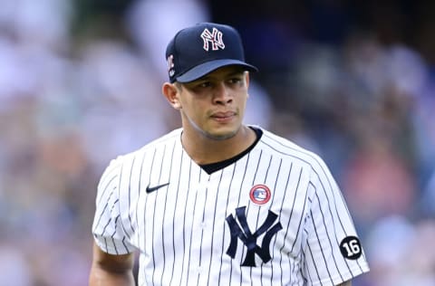 NEW YORK, NEW YORK - JULY 04: Jonathan Loaisiga #43 of the New York Yankees walks to the dugout against the New York Mets during game one of a doubleheader at Yankee Stadium on July 04, 2021 in the Bronx borough of New York City. (Photo by Steven Ryan/Getty Images)