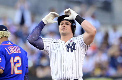 NEW YORK, NEW YORK - JULY 04: Luke Voit #59 of the New York Yankees celebrates after hitting a double against the New York Mets in the second inning during game two of a doubleheader at Yankee Stadium on July 04, 2021 in the Bronx borough of New York City. (Photo by Steven Ryan/Getty Images)