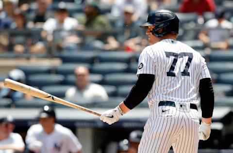 NEW YORK, NEW YORK - JUNE 24: (NEW YORK DAILIES OUT) Clint Frazier #77 of the New York Yankees in action against the Kansas City Royals at Yankee Stadium on June 24, 2021 in New York City. The Yankees defeated the Royals 8-1. (Photo by Jim McIsaac/Getty Images)