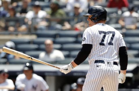 NEW YORK, NEW YORK - JUNE 24: (NEW YORK DAILIES OUT) Clint Frazier #77 of the New York Yankees in action against the Kansas City Royals at Yankee Stadium on June 24, 2021 in New York City. The Yankees defeated the Royals 8-1. (Photo by Jim McIsaac/Getty Images)