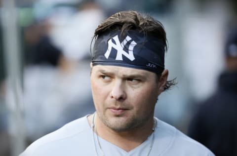 SEATTLE, WASHINGTON - JULY 07: Luke Voit #59 of the New York Yankees looks on during the game against the Seattle Mariners at T-Mobile Park on July 07, 2021 in Seattle, Washington. (Photo by Steph Chambers/Getty Images)