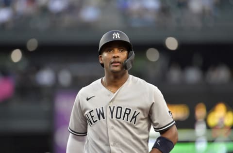 SEATTLE, WASHINGTON - JULY 06: Miguel Andujar #41 of the New York Yankees looks on during the game against the Seattle Mariners at T-Mobile Park on July 06, 2021 in Seattle, Washington. The New York Yankees won 12-1 (Photo by Alika Jenner/Getty Images)