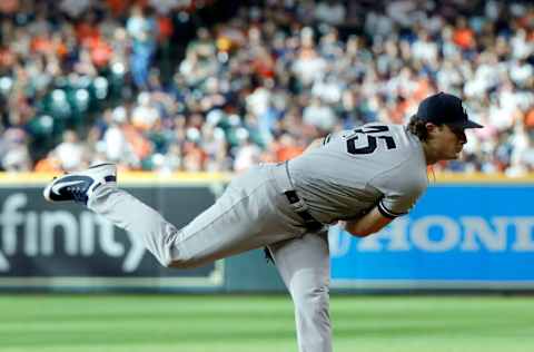 HOUSTON, TEXAS - JULY 10: Gerrit Cole #45 of the New York Yankees pitches in the first inning against the Houston Astros at Minute Maid Park on July 10, 2021 in Houston, Texas. (Photo by Bob Levey/Getty Images)