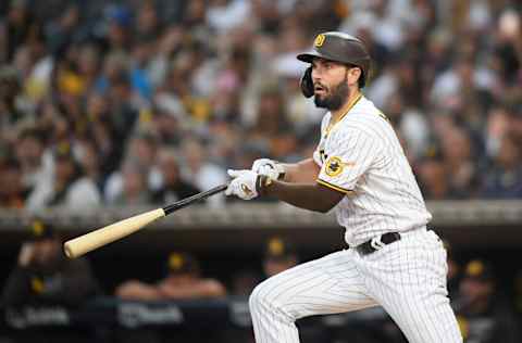 SAN DIEGO, CA - JULY 10: Eric Hosmer #30 of the San Diego Padres plays during a baseball game against the Colorado Rockies at Petco Park on July 10, 2021 in San Diego, California. (Photo by Denis Poroy/Getty Images)