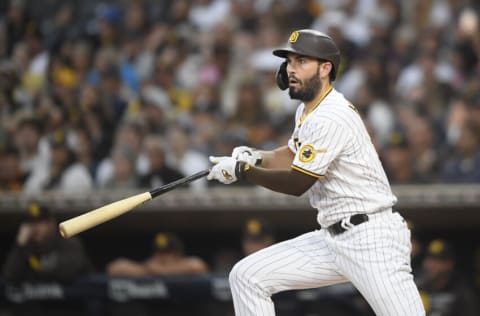 SAN DIEGO, CA - JULY 10: Eric Hosmer #30 of the San Diego Padres plays during a baseball game against the Colorado Rockies at Petco Park on July 10, 2021 in San Diego, California. (Photo by Denis Poroy/Getty Images)