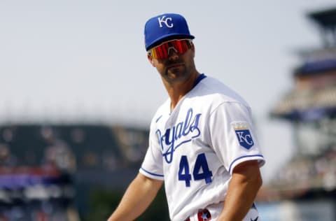 DENVER, COLORADO - JULY 12: Whit Merrifield #15 of the Kansas City Royals looks on during the Gatorade All-Star Workout Day at Coors Field on July 12, 2021 in Denver, Colorado. (Photo by Justin Edmonds/Getty Images)