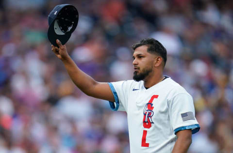 DENVER, COLORADO - JULY 13: National League All-Star German Marquez #48 of the Colorado Rockies tips his cap after pitching against the American League during the 91st MLB All-Star Game presented by Mastercard at Coors Field on July 13, 2021 in Denver, Colorado. (Photo by Matt Dirksen/Colorado Rockies/Getty Images)