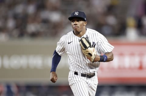 NEW YORK, NY - JULY 16: Greg Allen #22 of the New York Yankees runs in from the outfield during the ninth inning against the Boston Red Sox at Yankee Stadium on July 16, 2021 in the Bronx borough of New York City. The Red Sox won 4-0. (Photo by Adam Hunger/Getty Images)