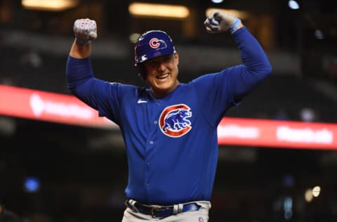 PHOENIX, ARIZONA - JULY 16: Anthony Rizzo #44 of the Chicago Cubs celebrates after hitting a solo home run off of Madison Bumgarner #40 of the Arizona Diamondbacks during the fourth inning at Chase Field on July 16, 2021 in Phoenix, Arizona. (Photo by Norm Hall/Getty Images)